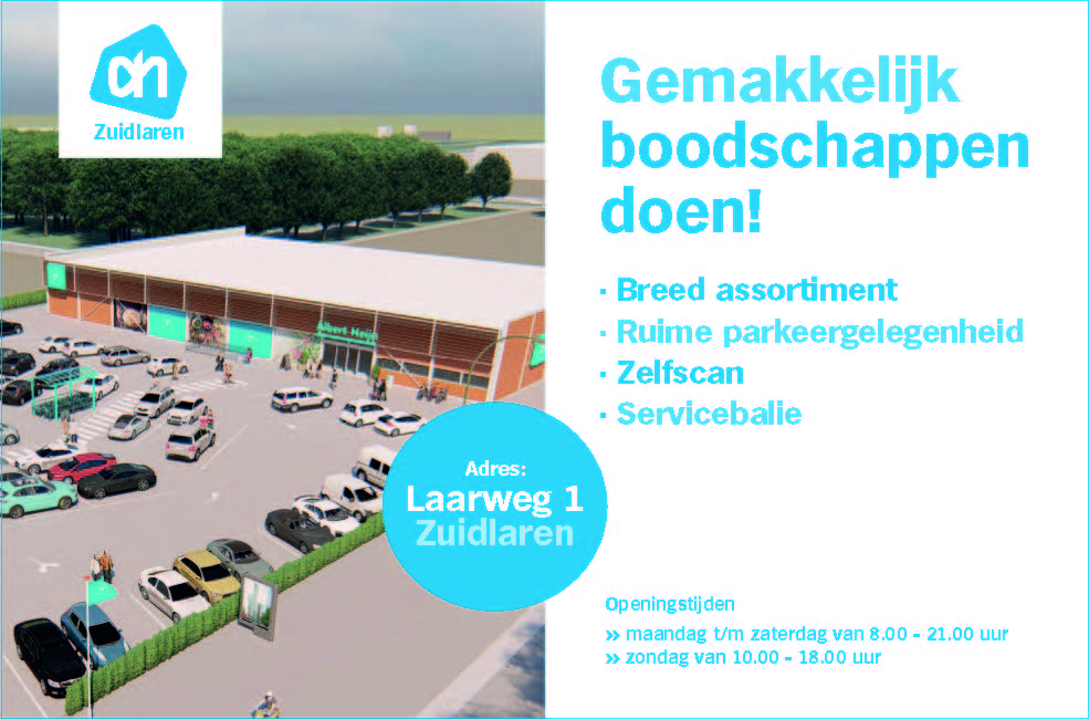 Gemakkelijk boodschappen doen bij Albert Heijn Zuidlaren. Breed assortiment; Ruime parkeergelegenheid; Zelfscan; Servicebalie. Openingstijden van maandag tot en met zaterdag van 8.00 tot 21.00 uur en zondag van 10.00 tot 18.00 uur. Adres: Laarweg 1 Zuidlaren.